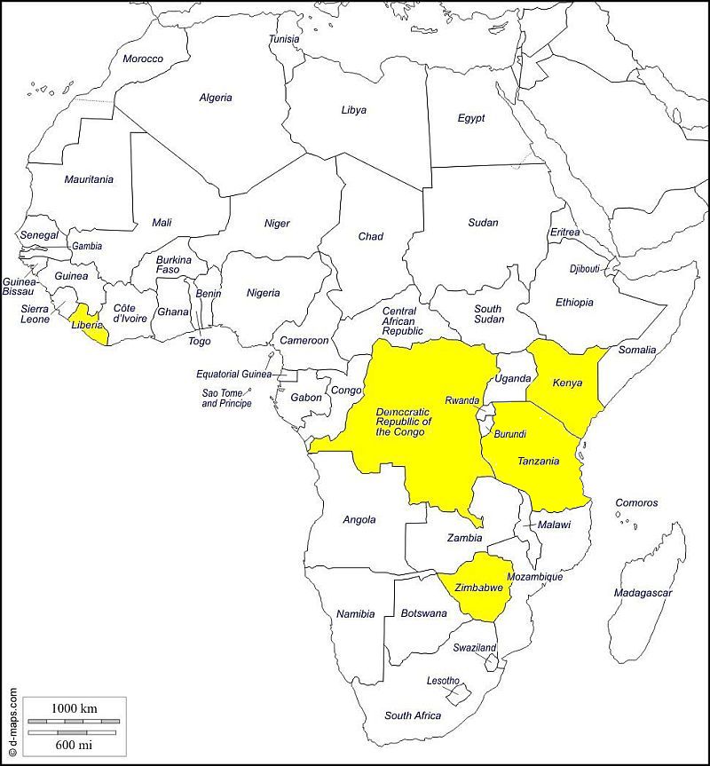 map of Africa, highlighted areas are Libera, Democratic Republic of the Congo, Kenya, Zimbabwe