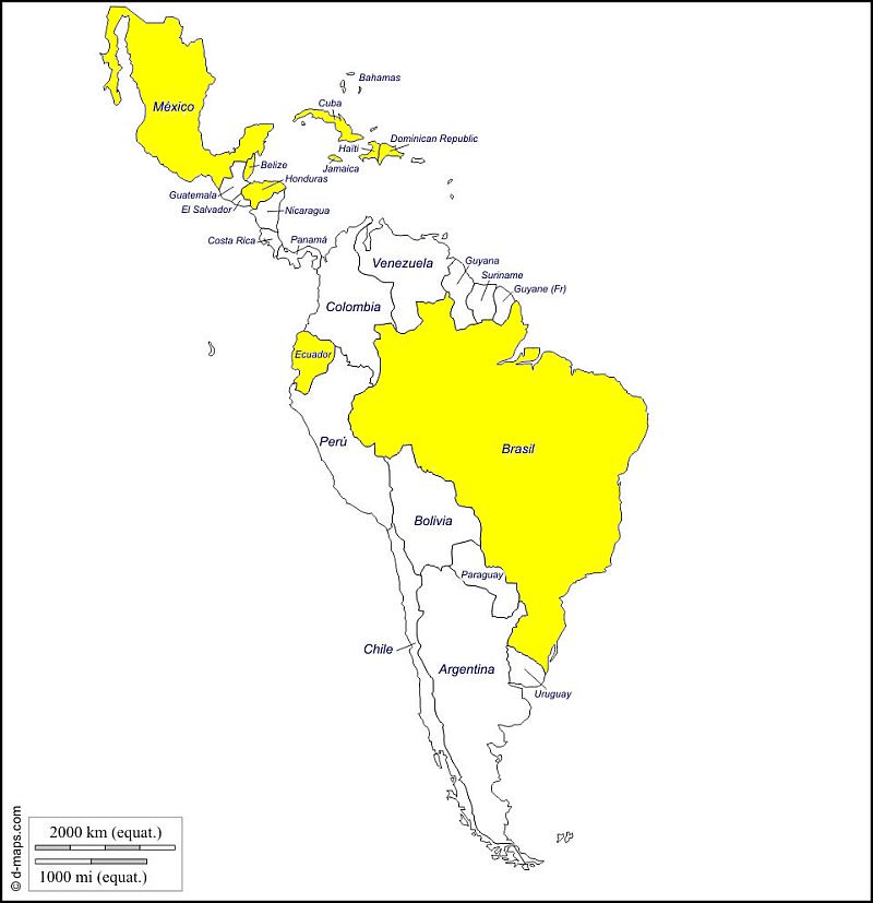 map of Central and South America, highlighted areas are Mexico, Cuba, Haiti, Dominican Republic, Jamaica, Belize, Honduras, Ecuador, Brazil